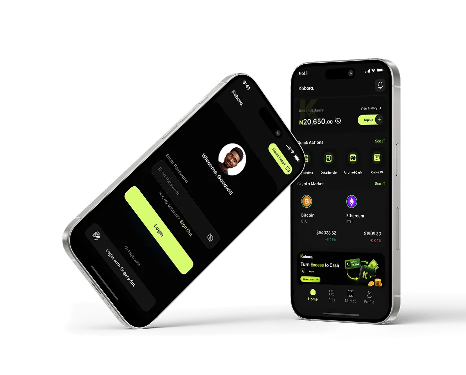 The Kobora app showing the sign-in screen and the wallet dashboard